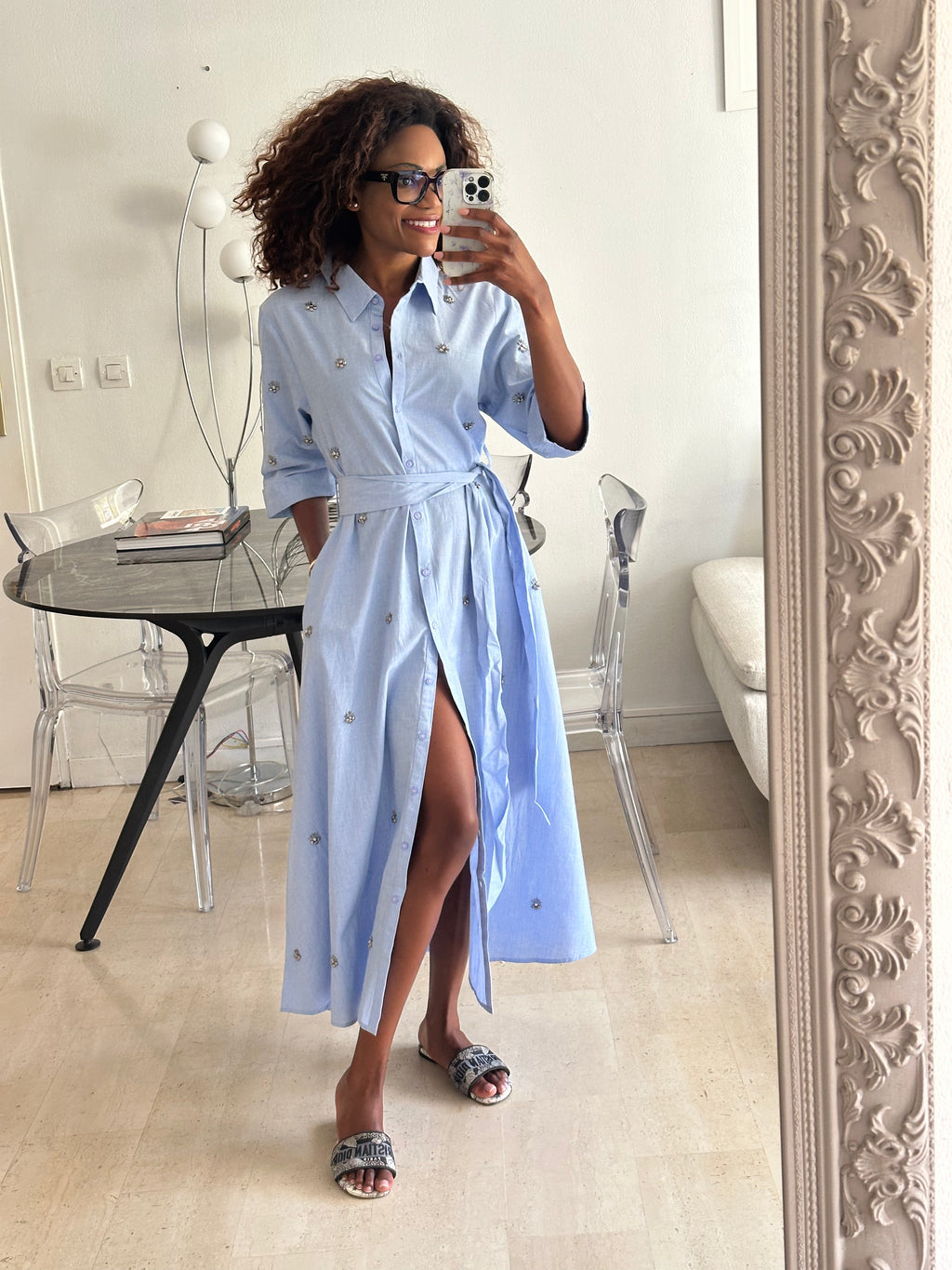 Sky blue long shirt dress