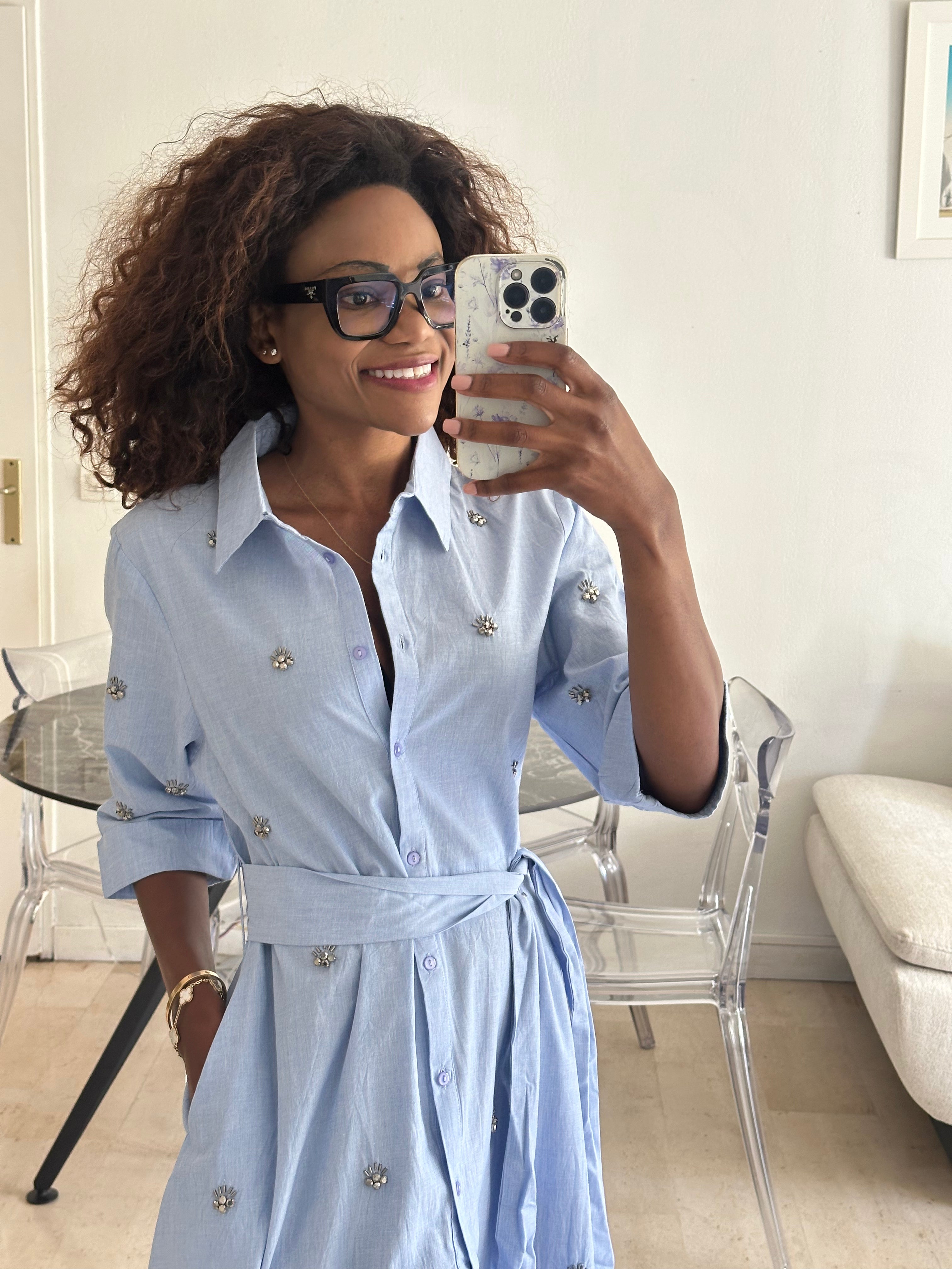 Sky blue long shirt dress