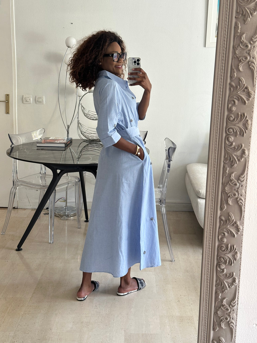 Sky blue long shirt dress