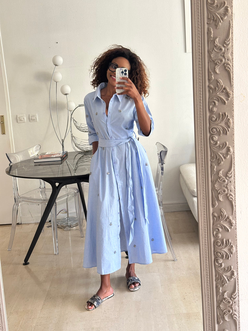 Sky blue long shirt dress
