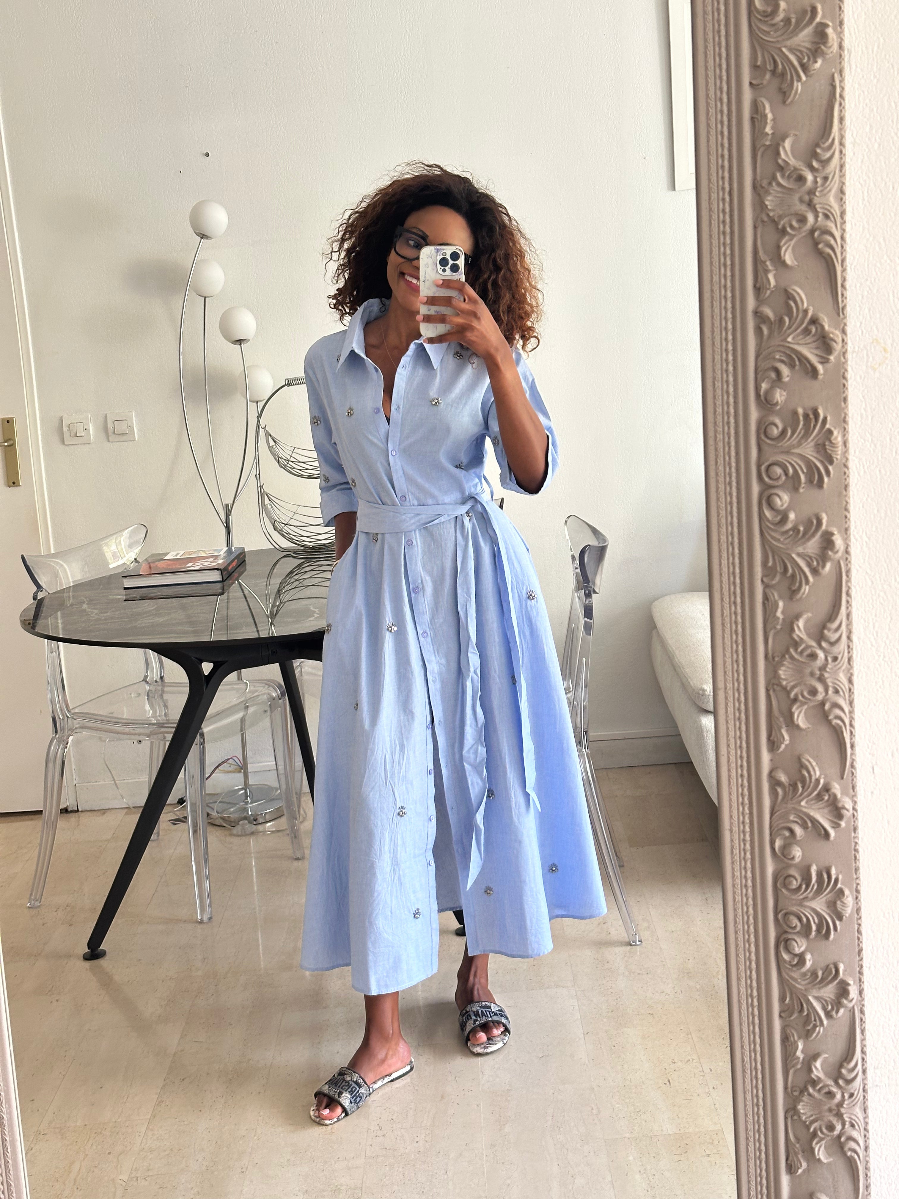 Sky blue long shirt dress
