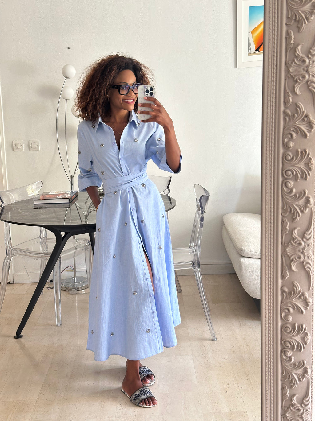 Sky blue long shirt dress
