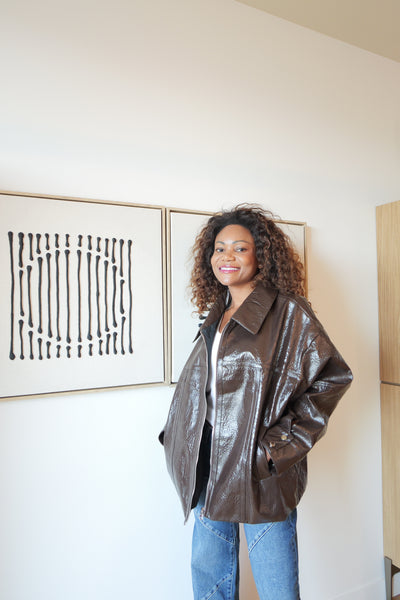 brown patent-effect jacket