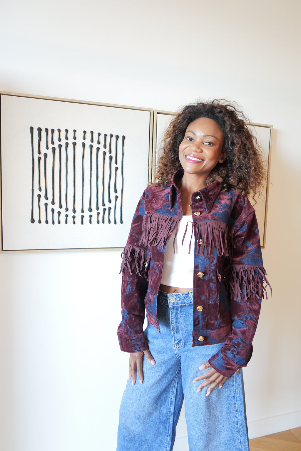 Veste à franges bordeaux et bleu
