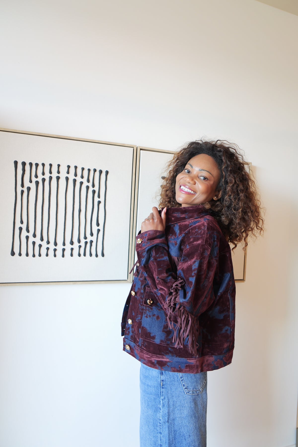 Veste à franges bordeaux et bleu