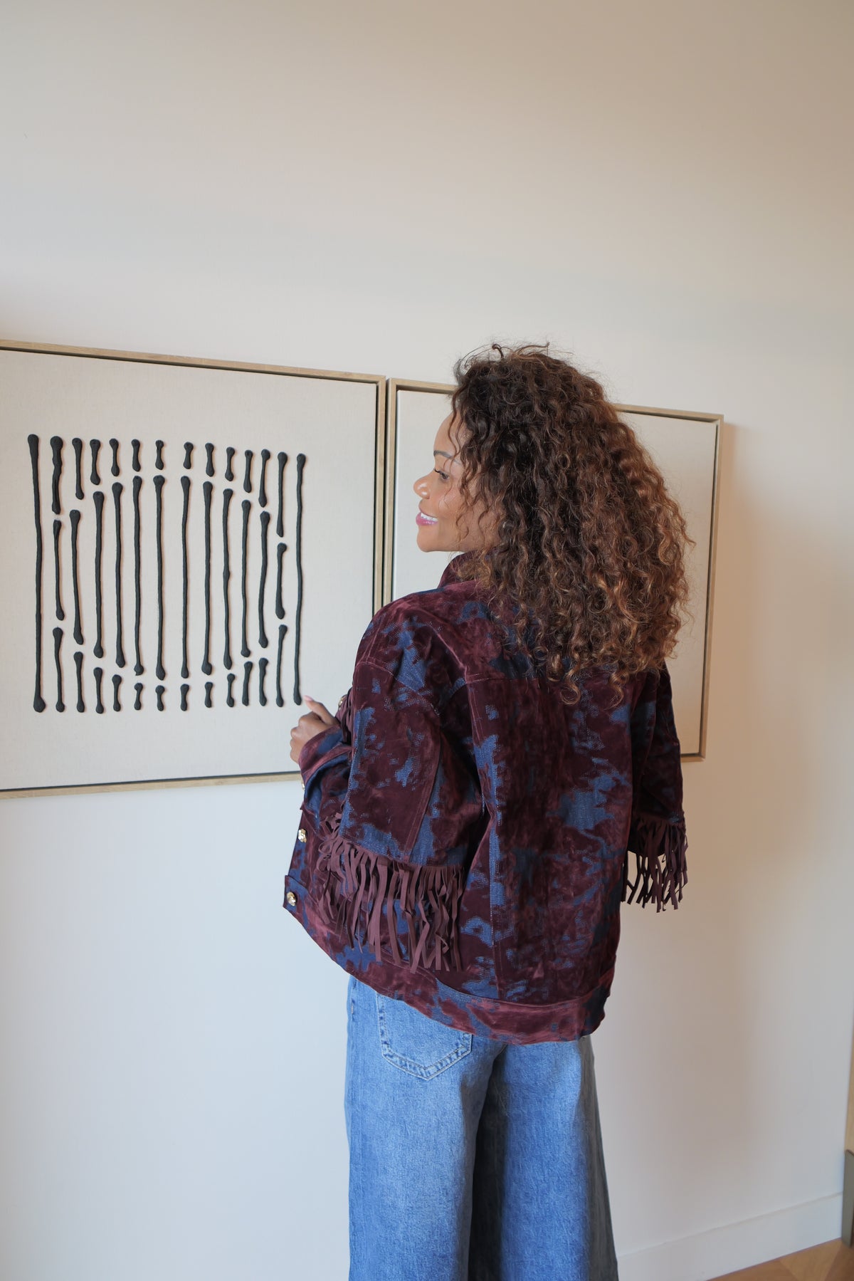 Veste à franges bordeaux et bleu