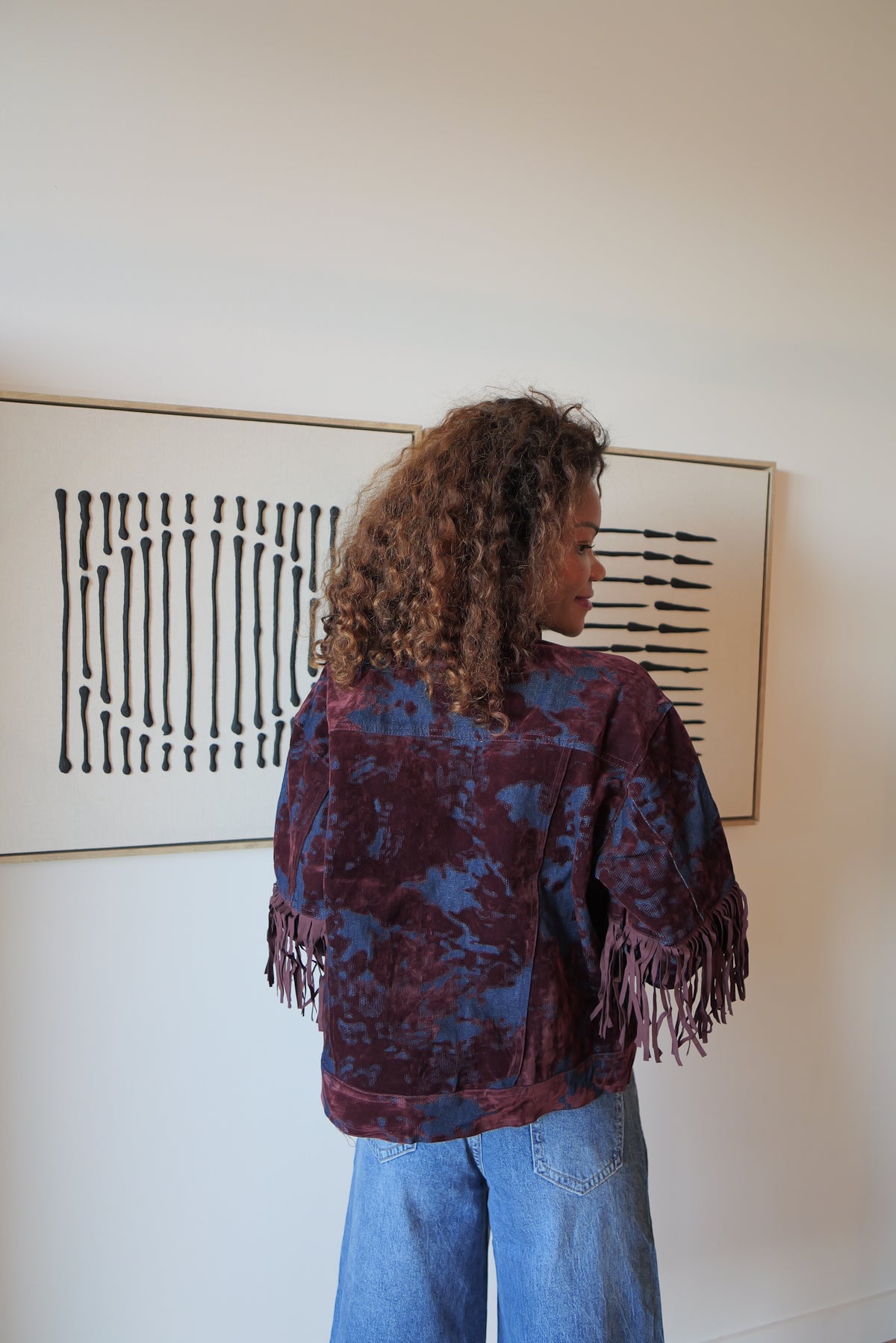 Veste à franges bordeaux et bleu