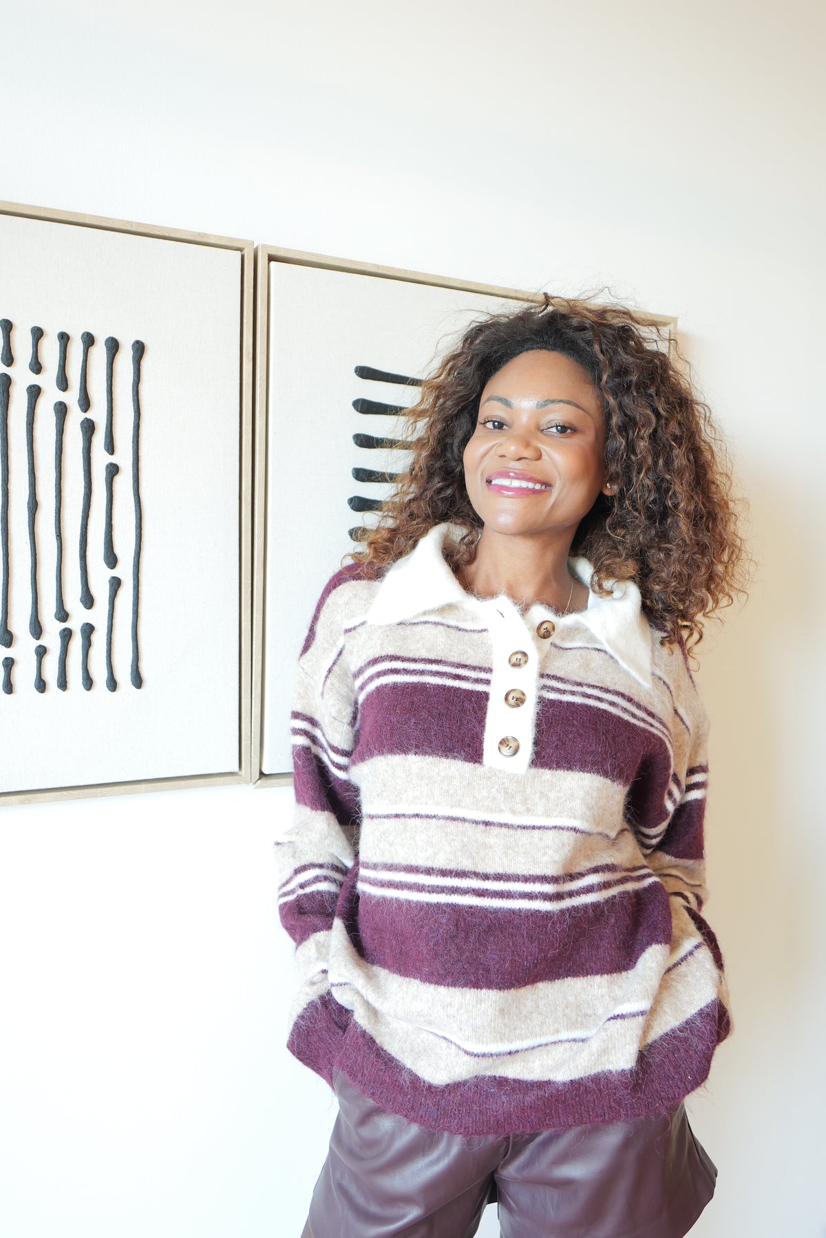 Burgundy and beige striped sweater