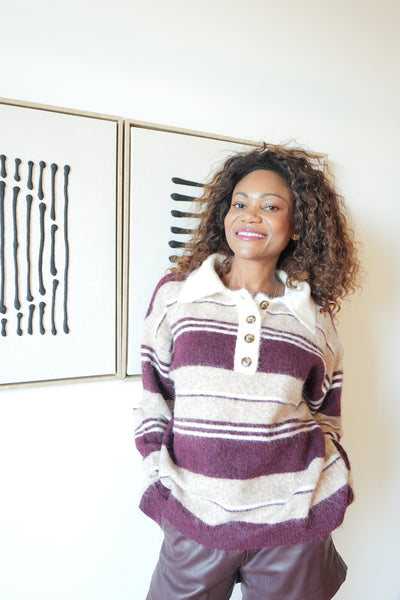 Burgundy and beige striped sweater