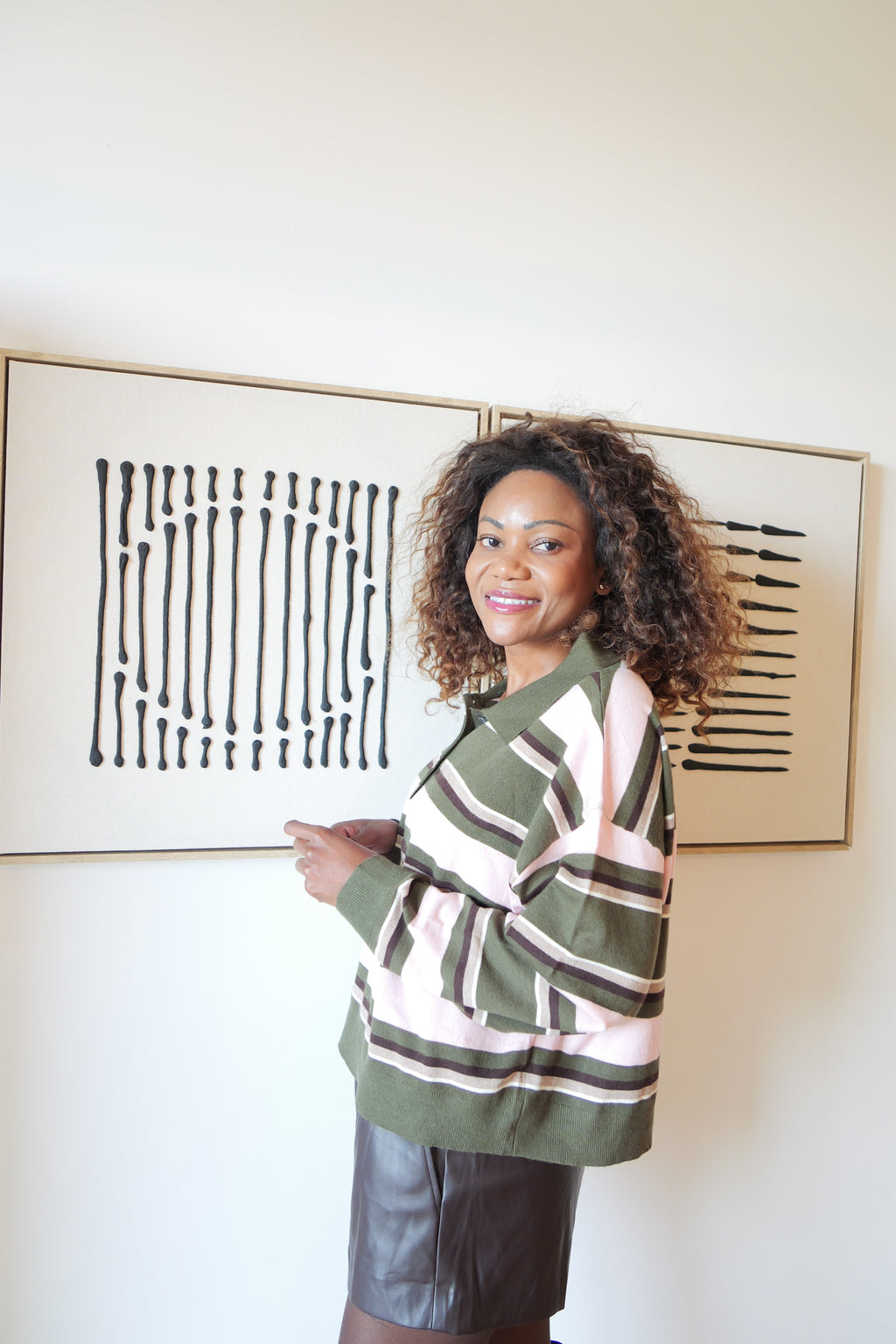 Khaki and powder pink striped polo sweater
