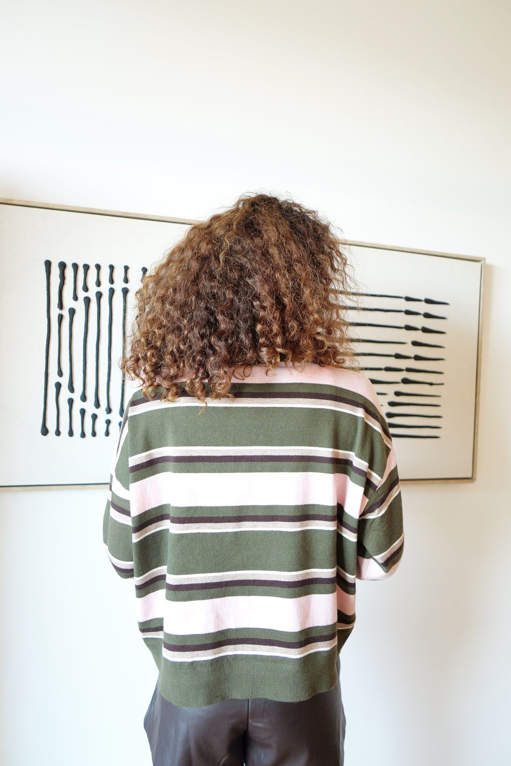 Khaki and powder pink striped polo sweater