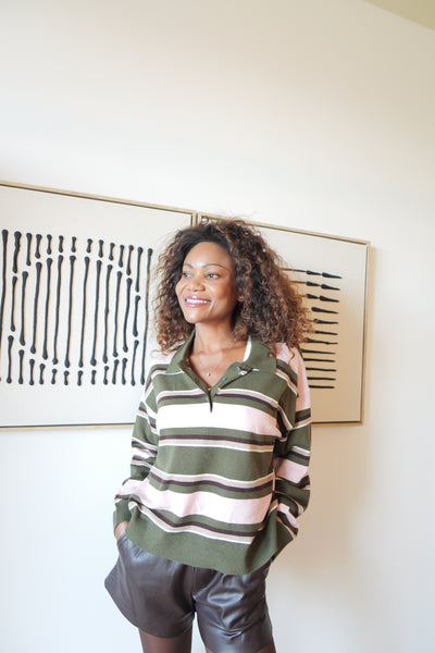 Khaki and powder pink striped polo sweater