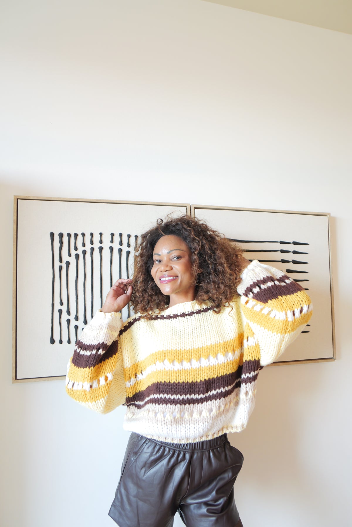 Oversized Knit Pullover in Yellow, Chocolate & Mustard