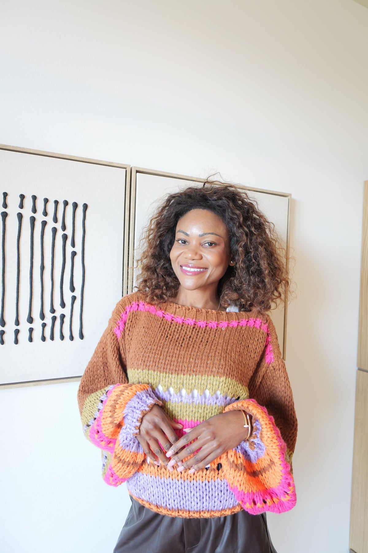 Pull Oversize en Maille Multicolore Rose & Camel