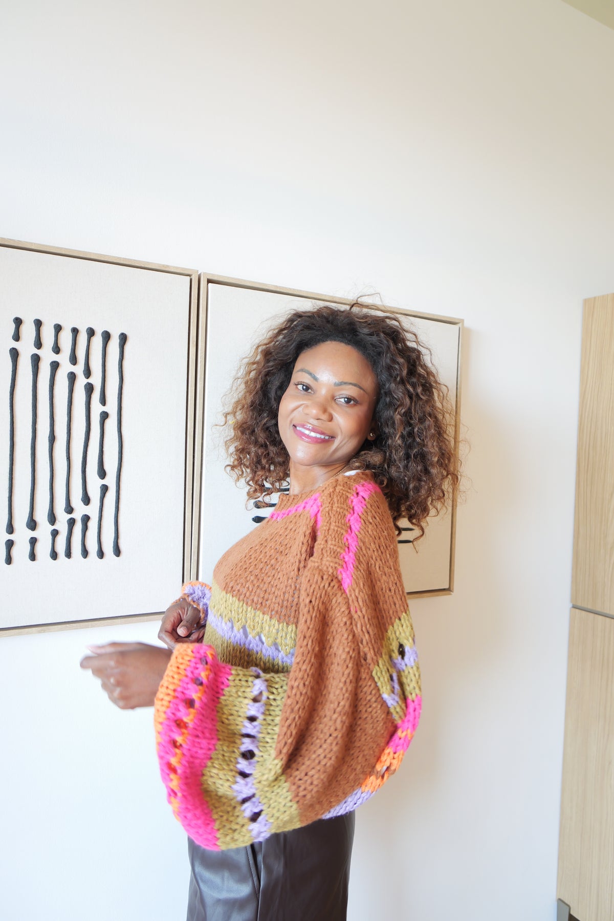 Pull Oversize en Maille Multicolore Rose & Camel