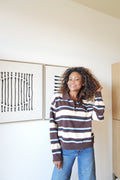 Brown and ecru striped polo sweater