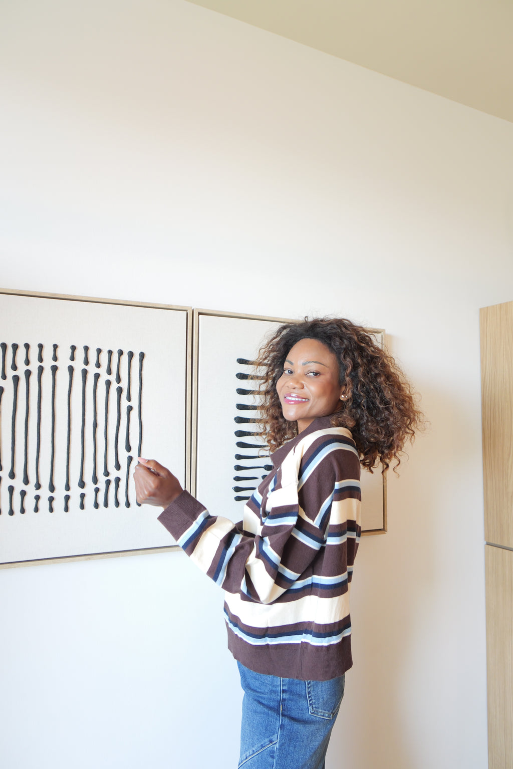 Brown and ecru striped polo sweater