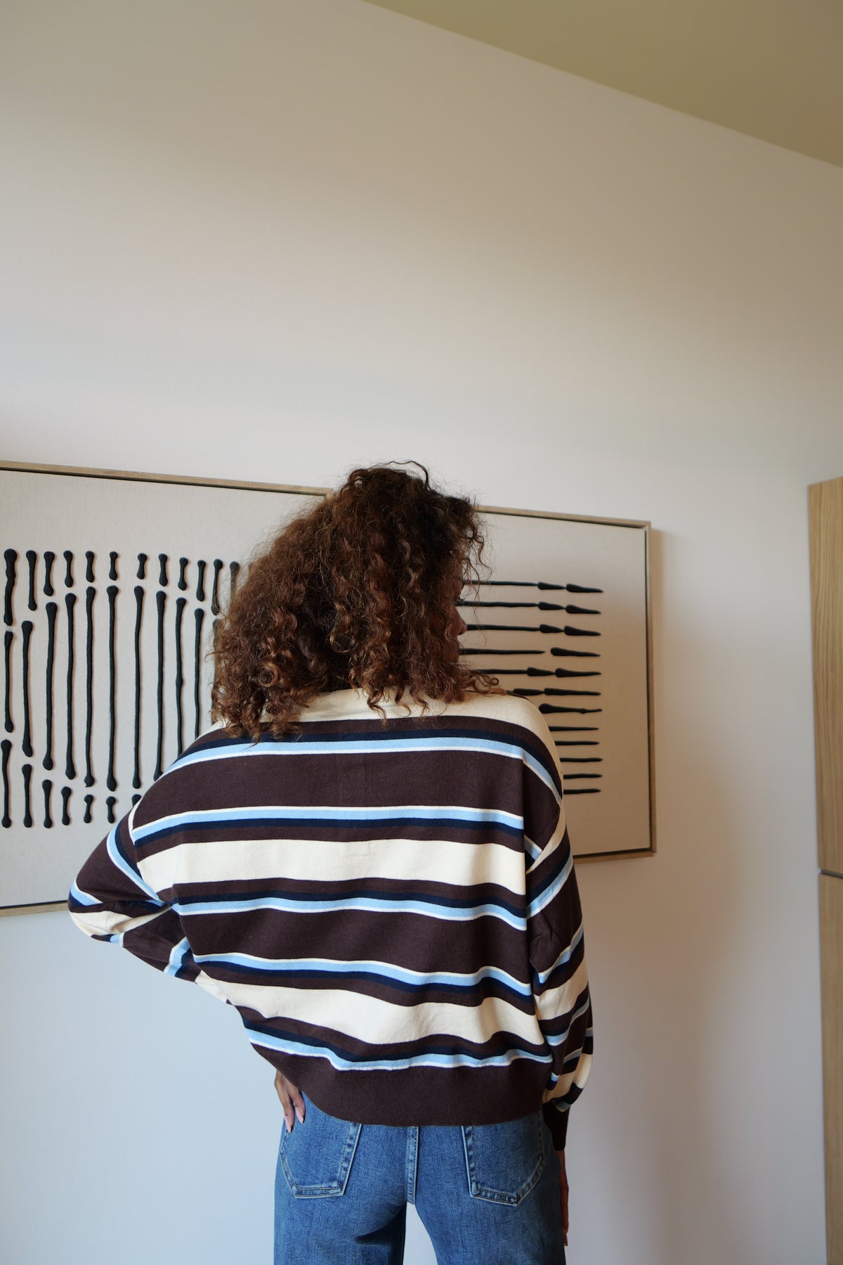 Brown and ecru striped polo sweater