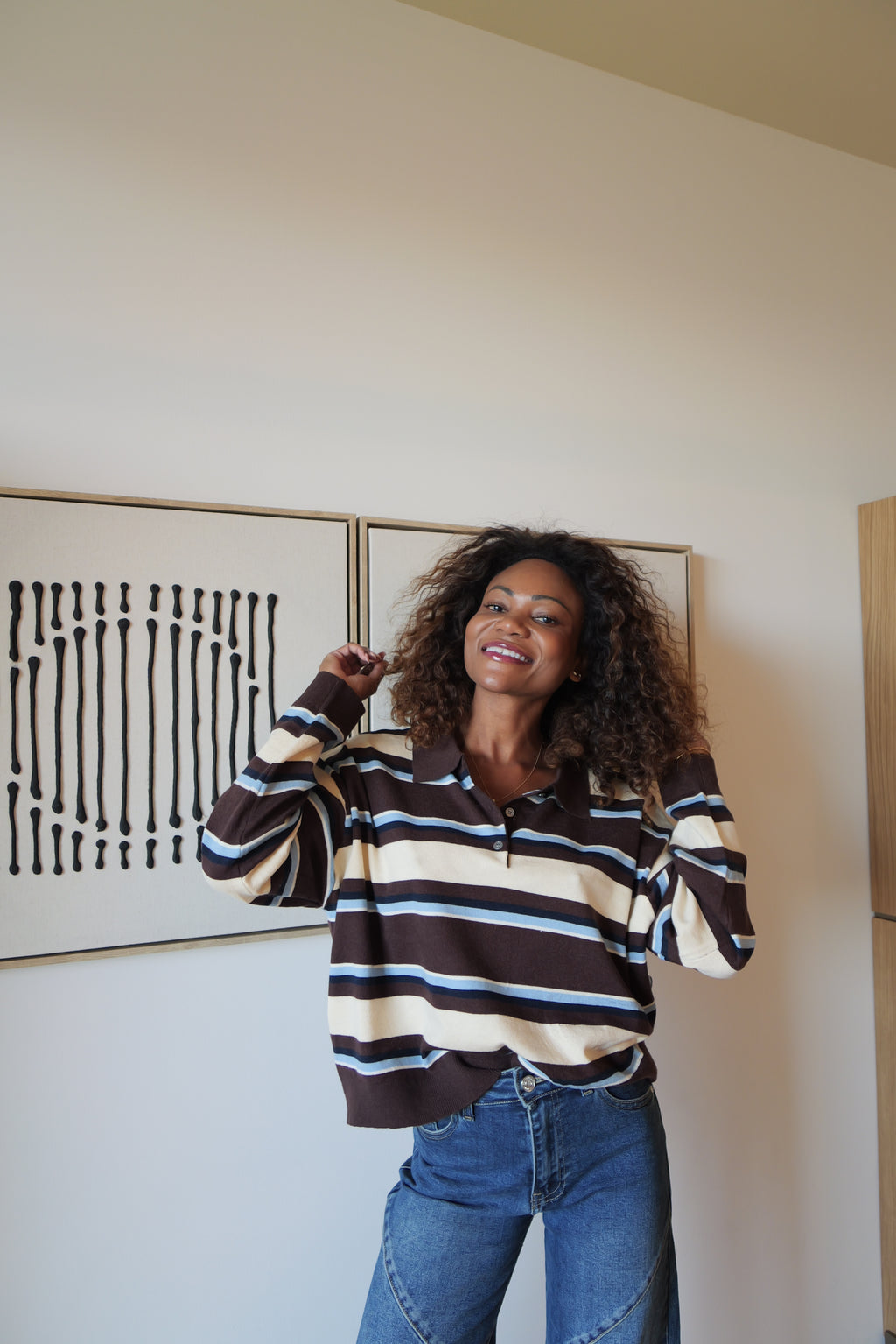 Brown and ecru striped polo sweater