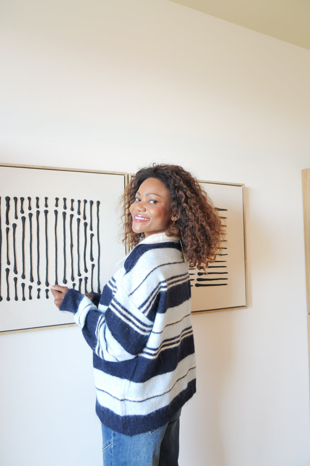 Navy and ecru striped sweater