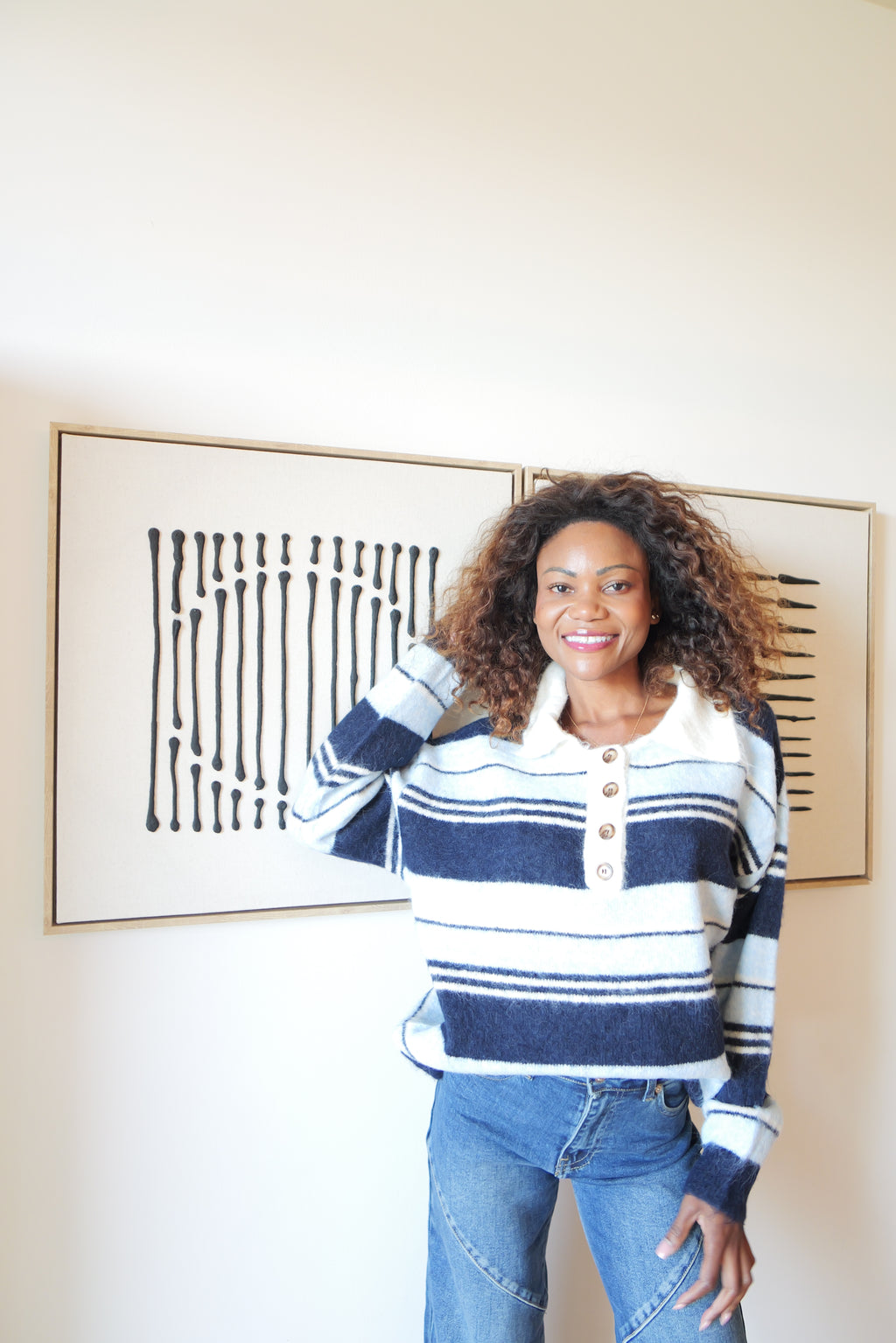 Navy and ecru striped sweater