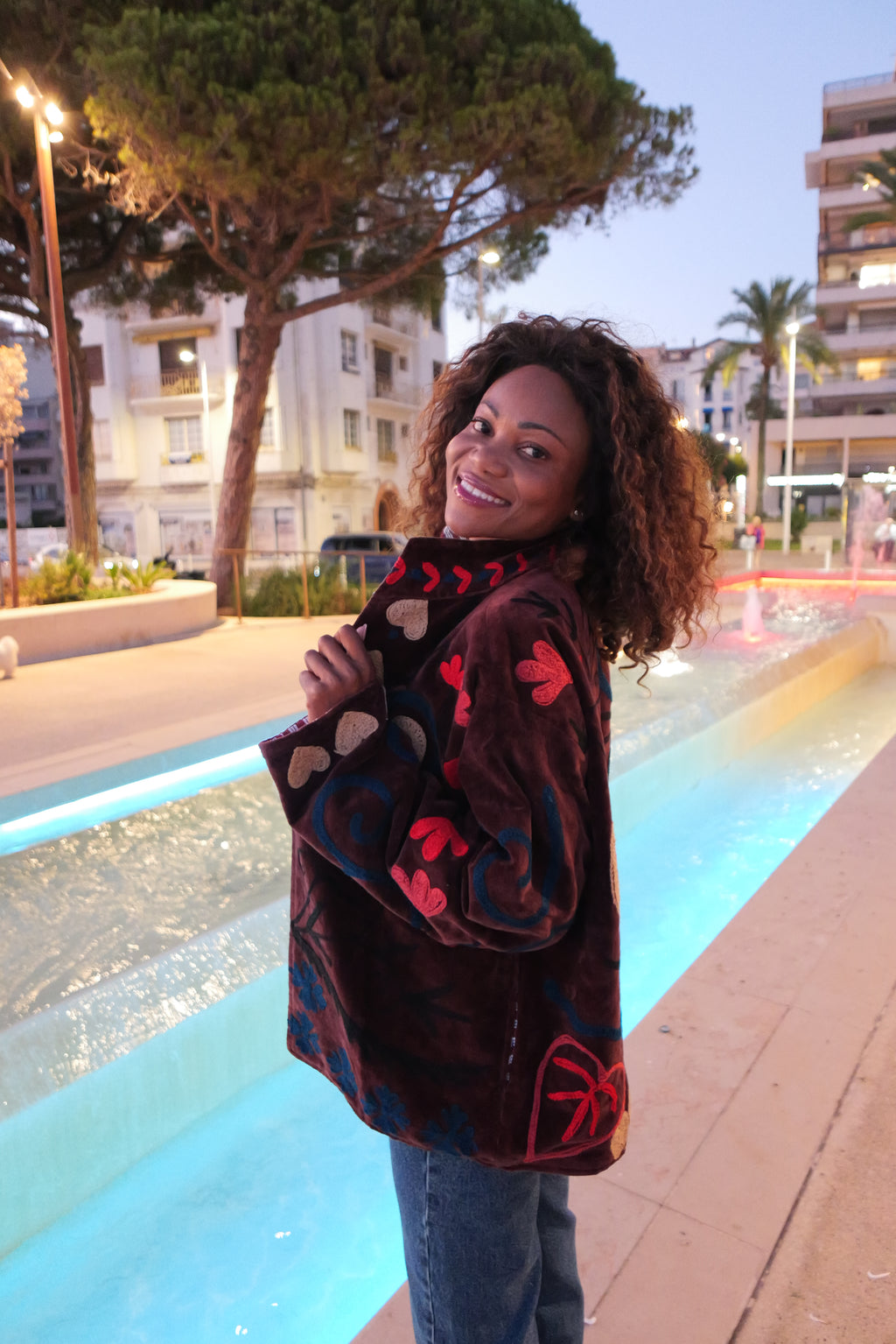 ANAYA jacket in chocolate with ecru and red embroidery
