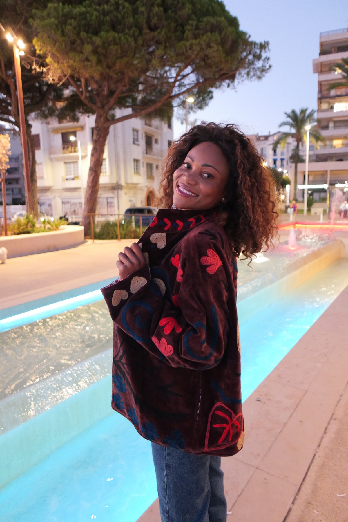 ANAYA jacket in chocolate with ecru and red embroidery