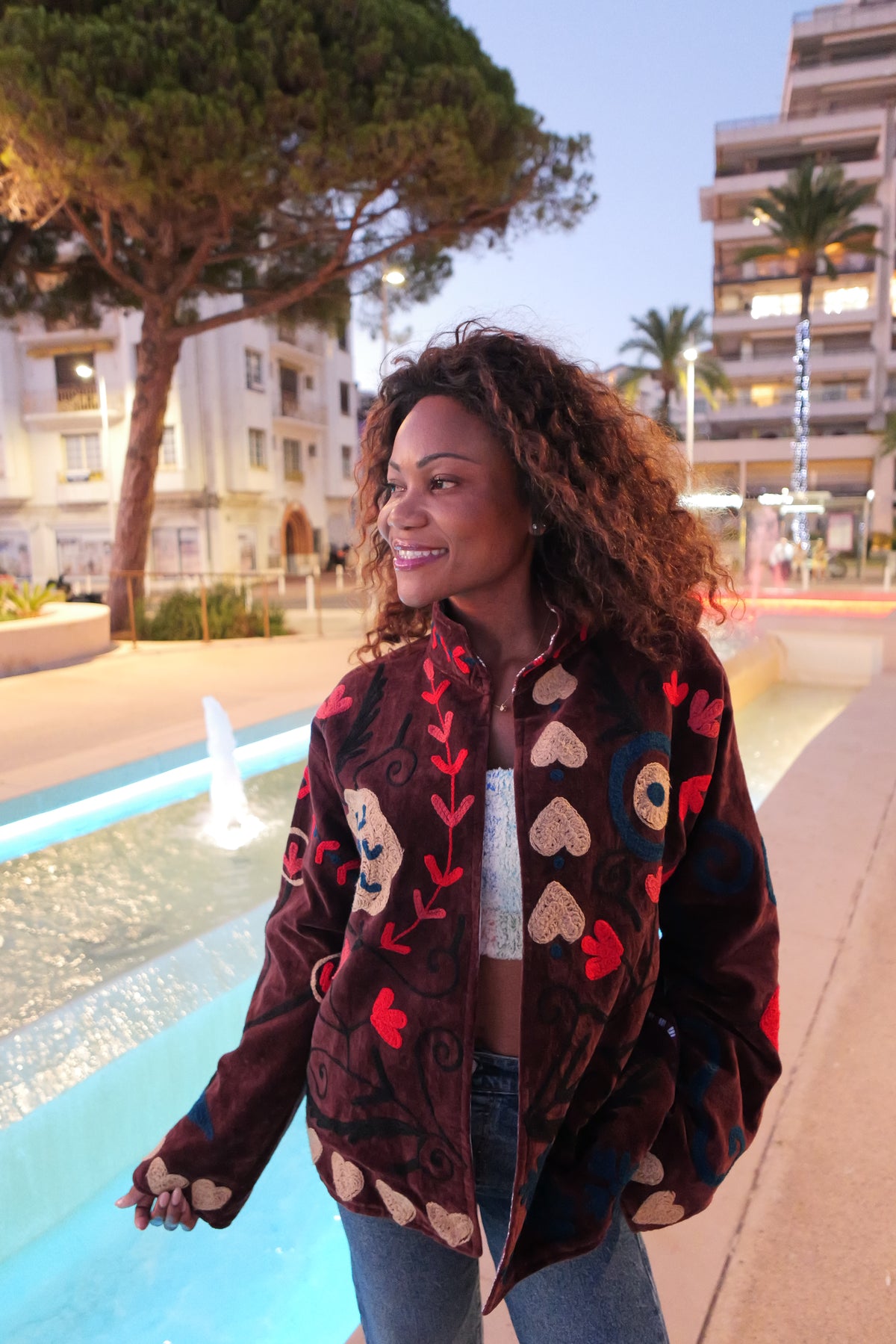 ANAYA jacket in chocolate with ecru and red embroidery