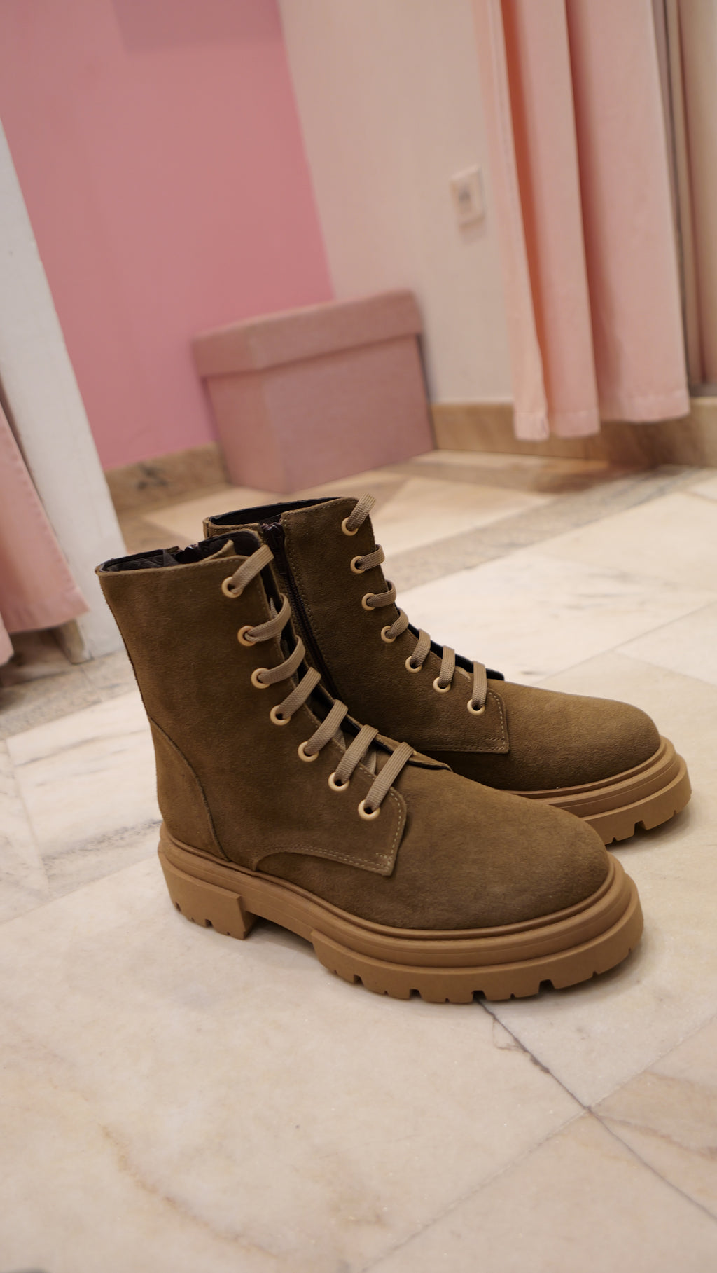 Faded khaki lace-up ankle boots