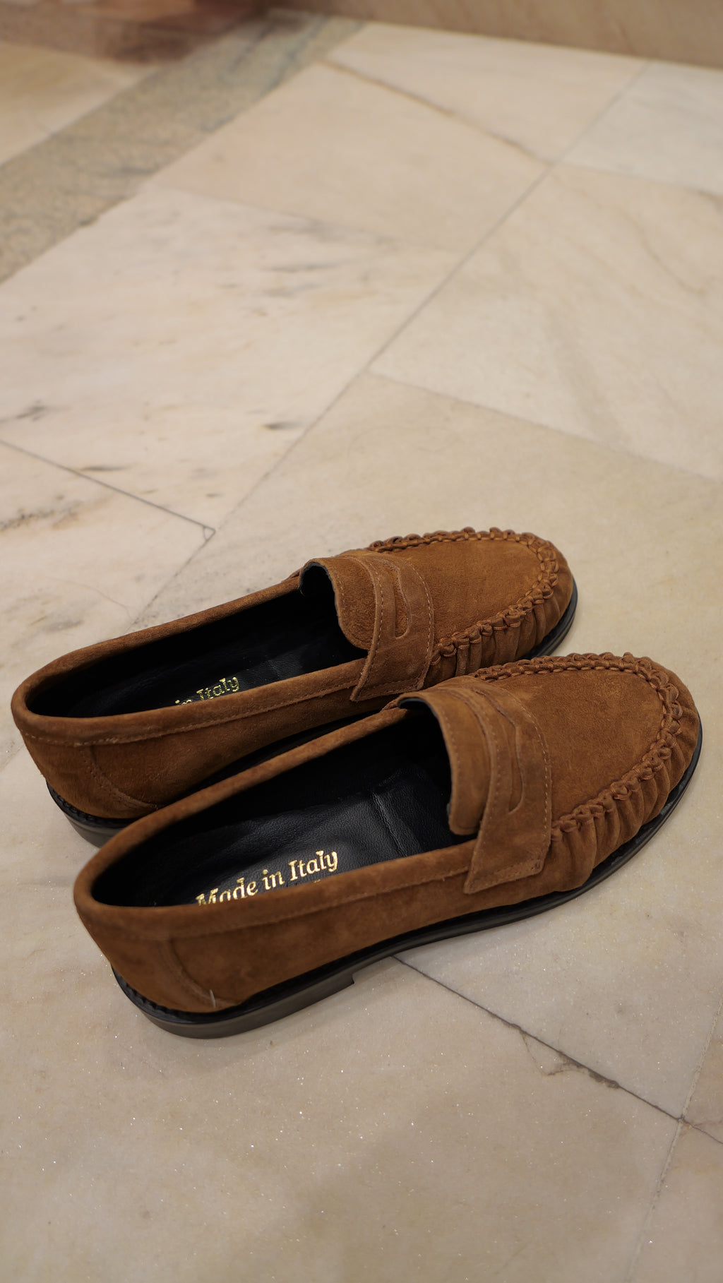 Camel suede loafers