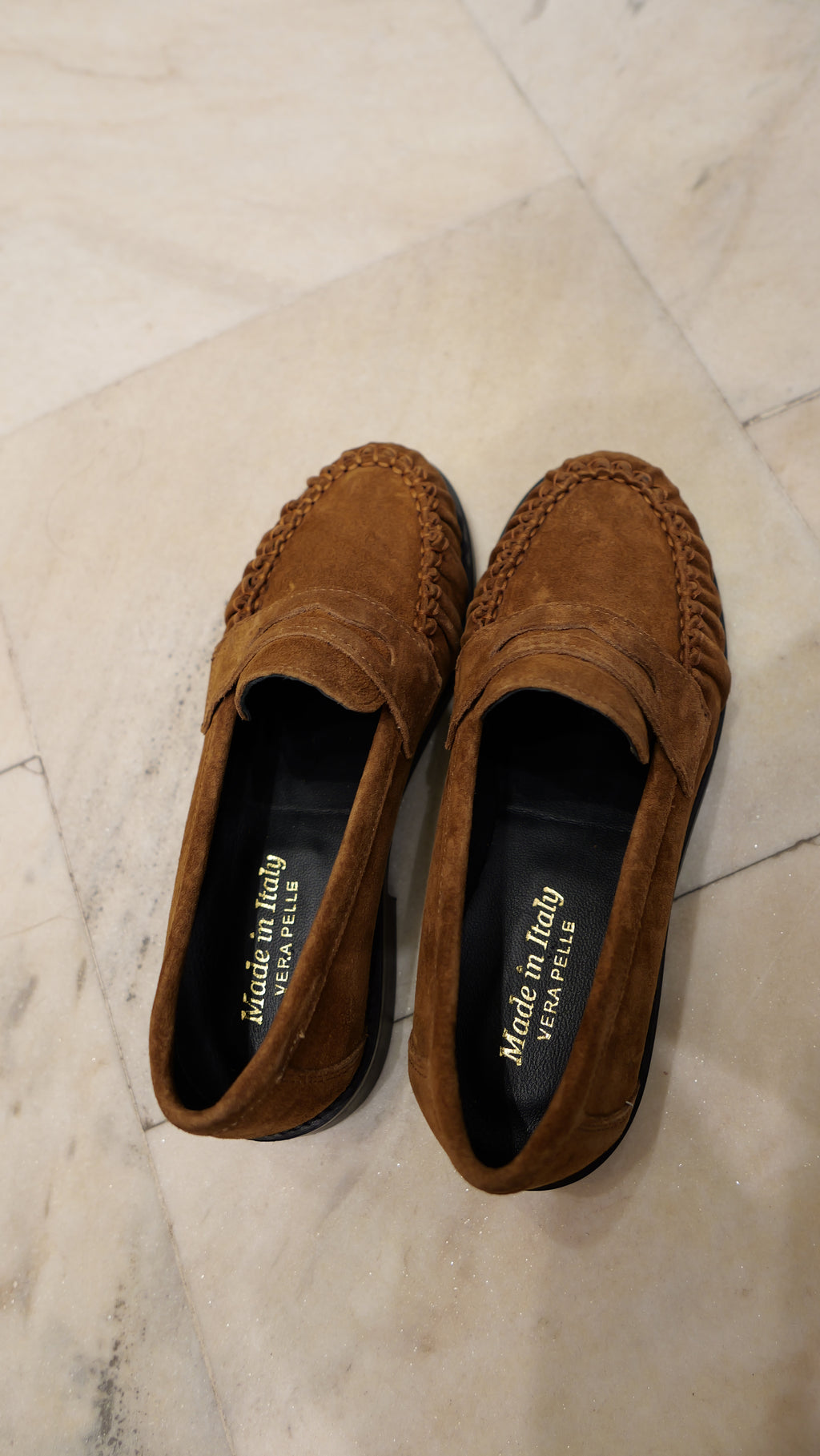 Camel suede loafers