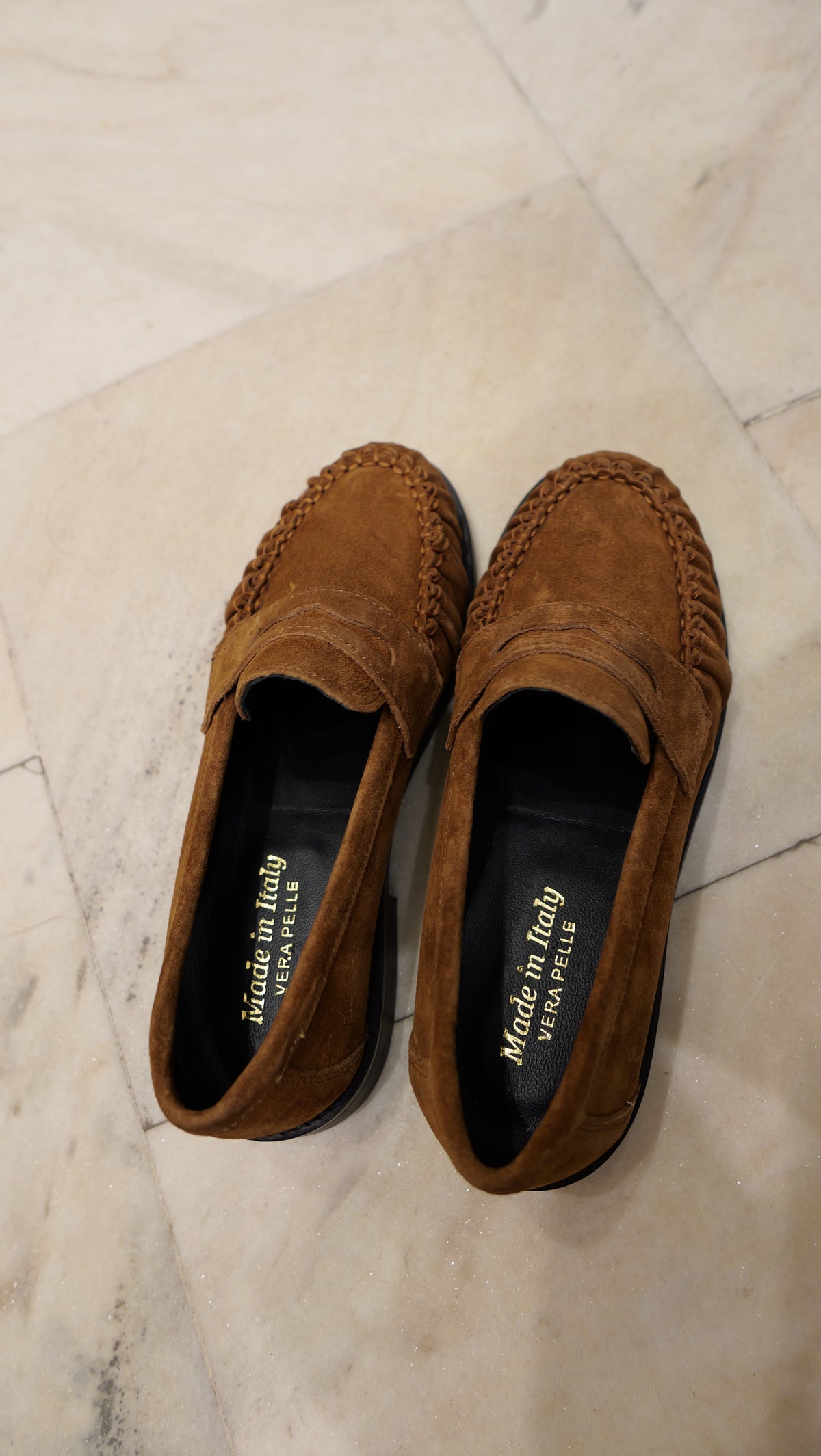 Camel suede loafers