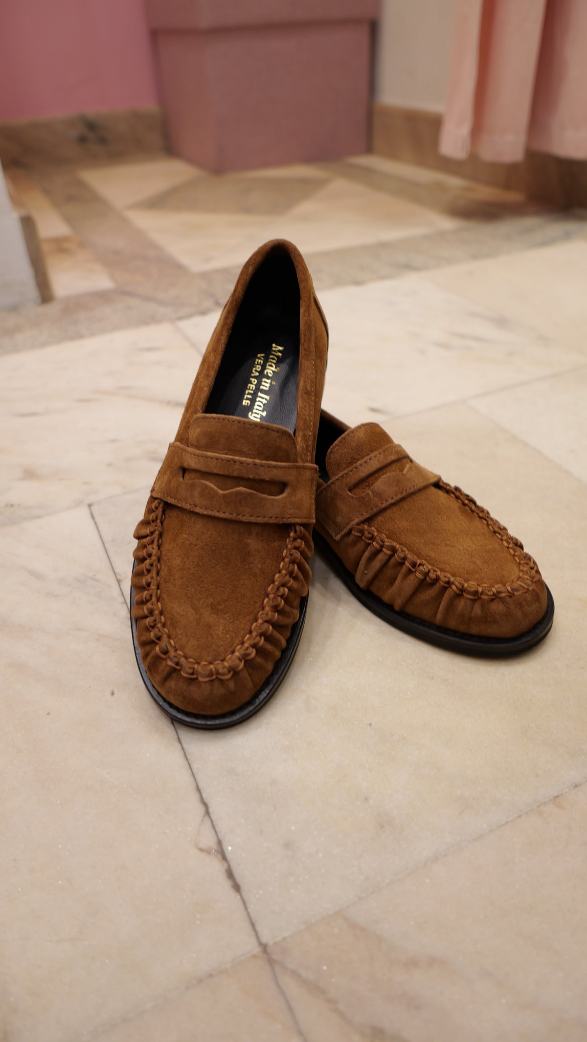 Camel suede loafers