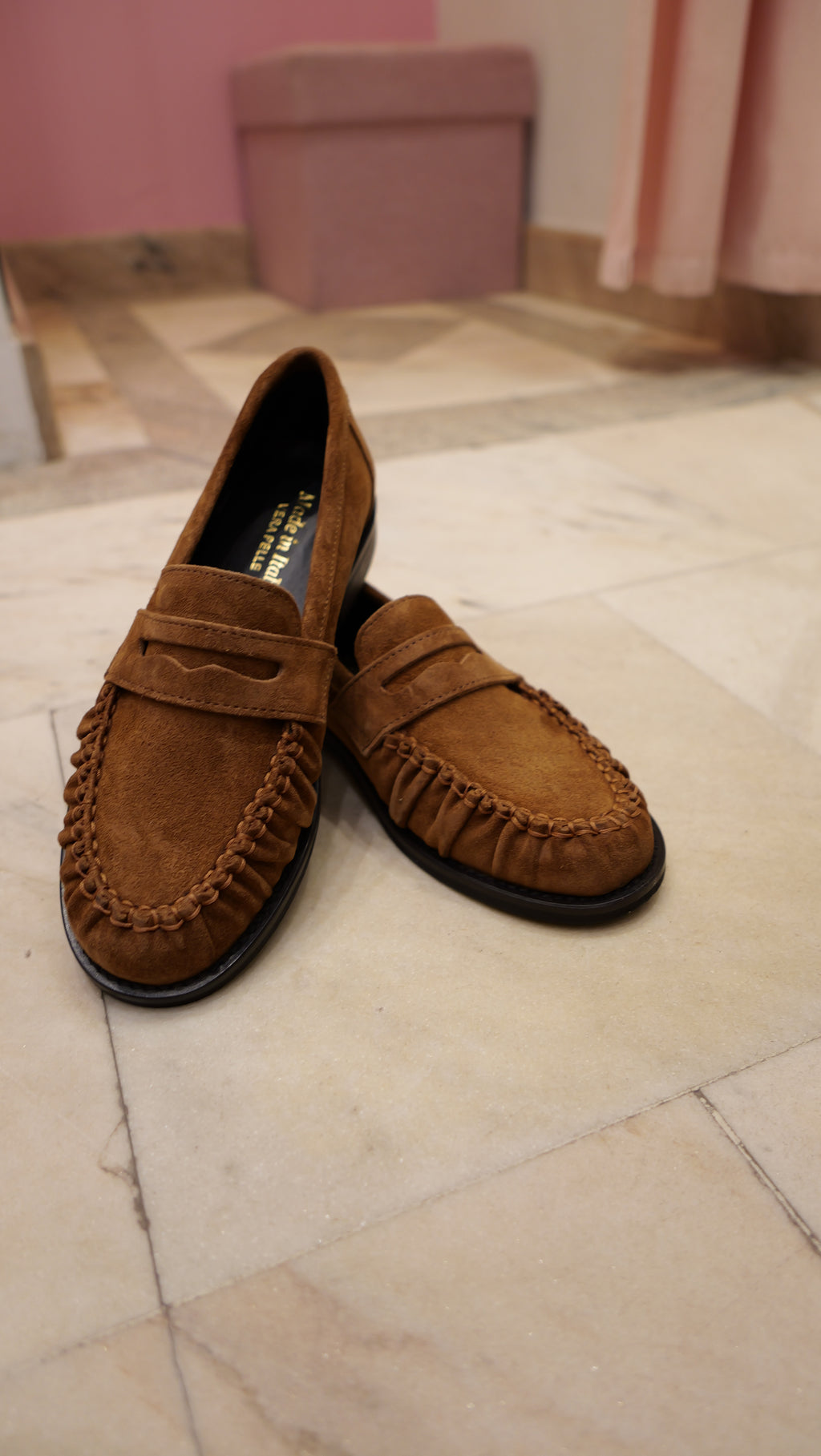 Camel suede loafers