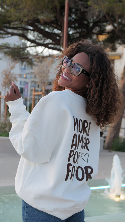 "More Amor Por Favor" white sweatshirt, chocolate