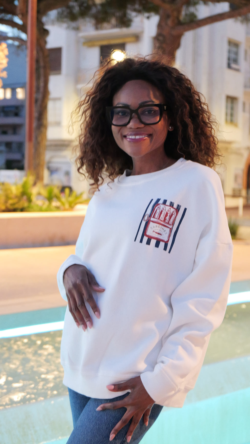 White sweatshirt with sardine print