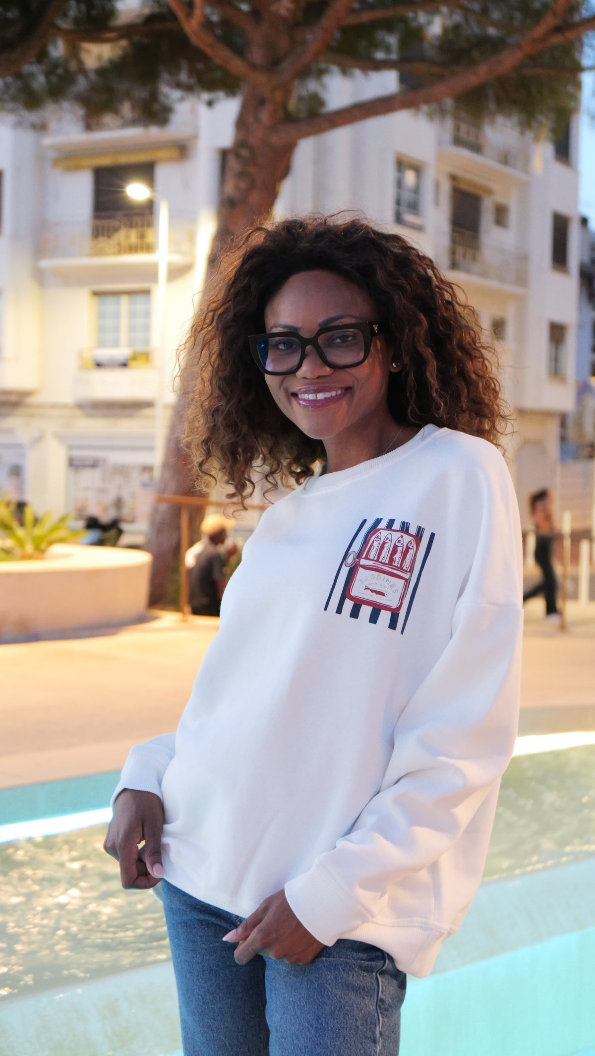 White sweatshirt with sardine print
