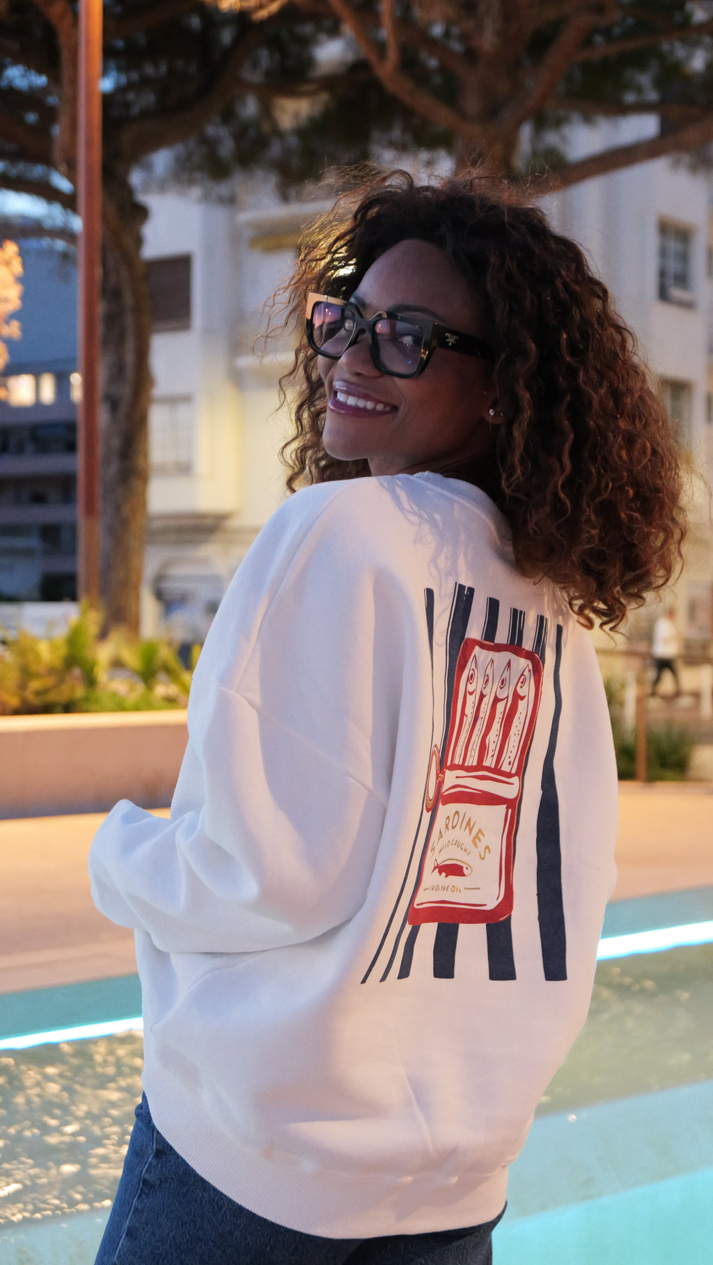 White sweatshirt with sardine print
