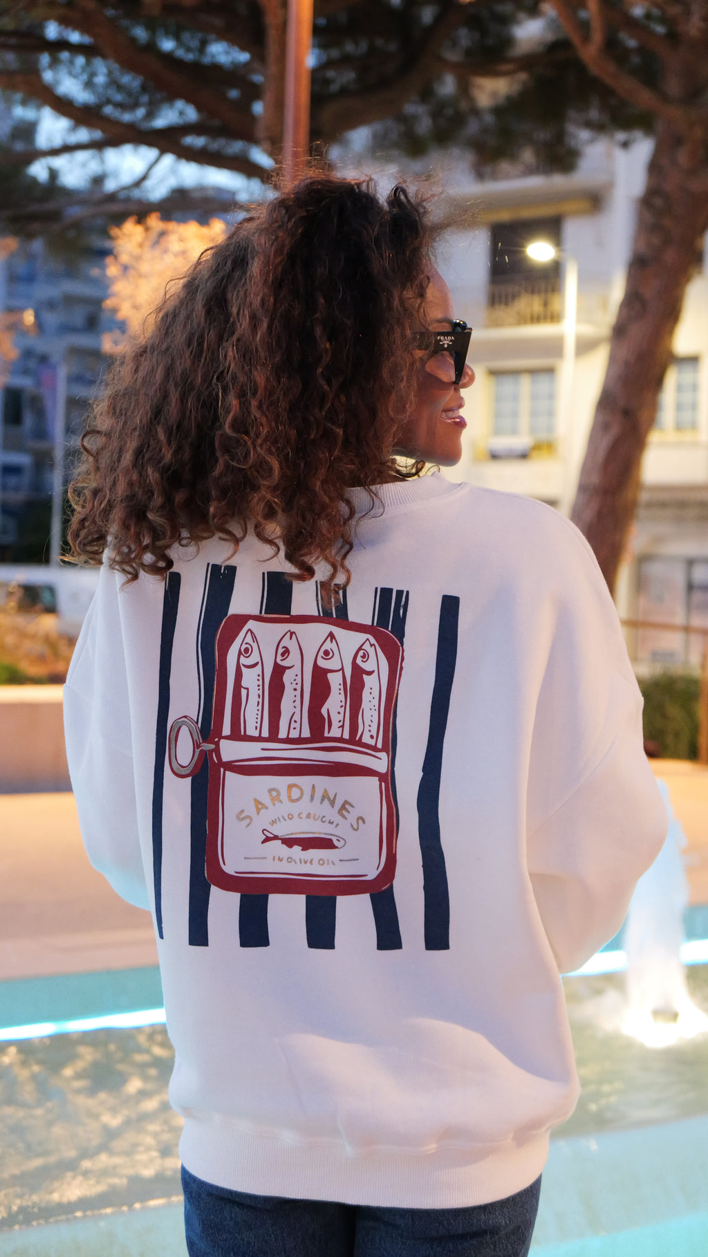 White sweatshirt with sardine print