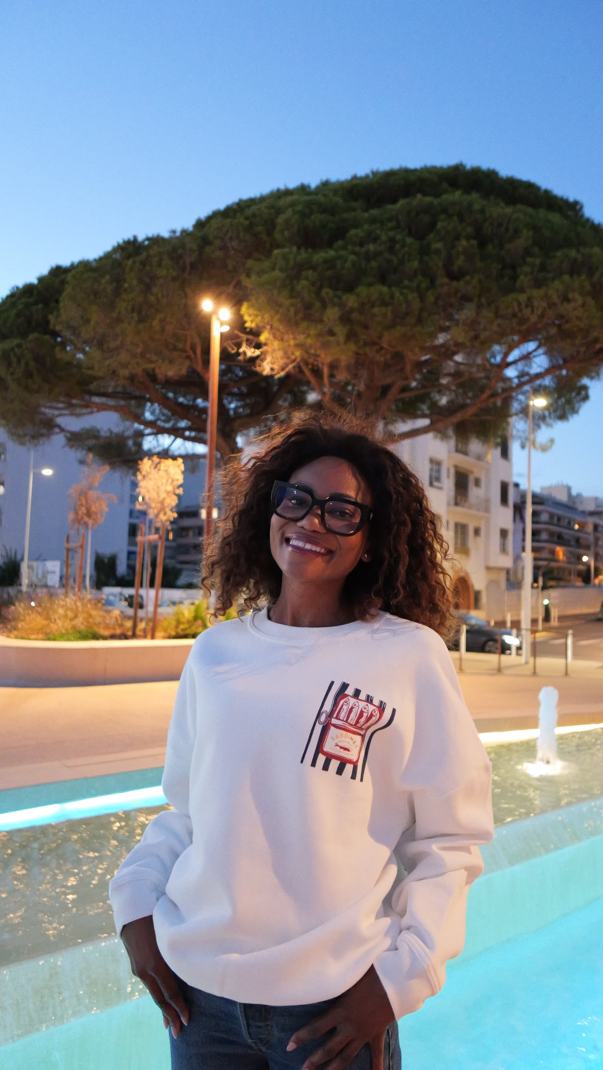 White sweatshirt with sardine print