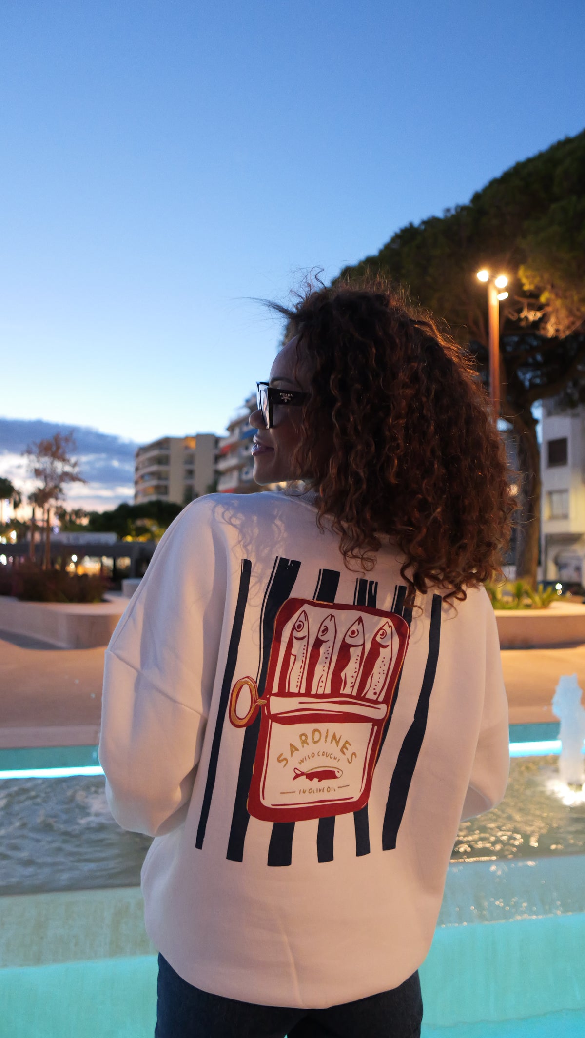 White sweatshirt with sardine print