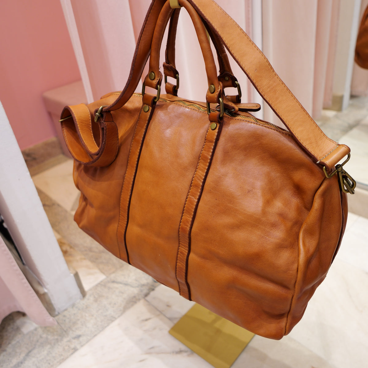 Vintage camel leather travel bag
