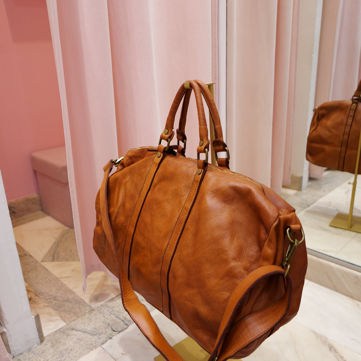 Vintage camel leather travel bag