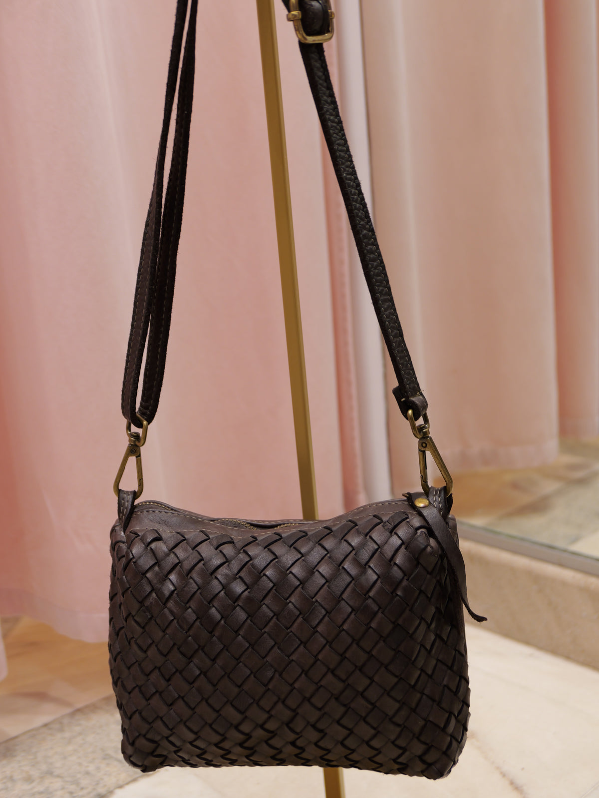 Vintage chocolate braided leather crossbody bag