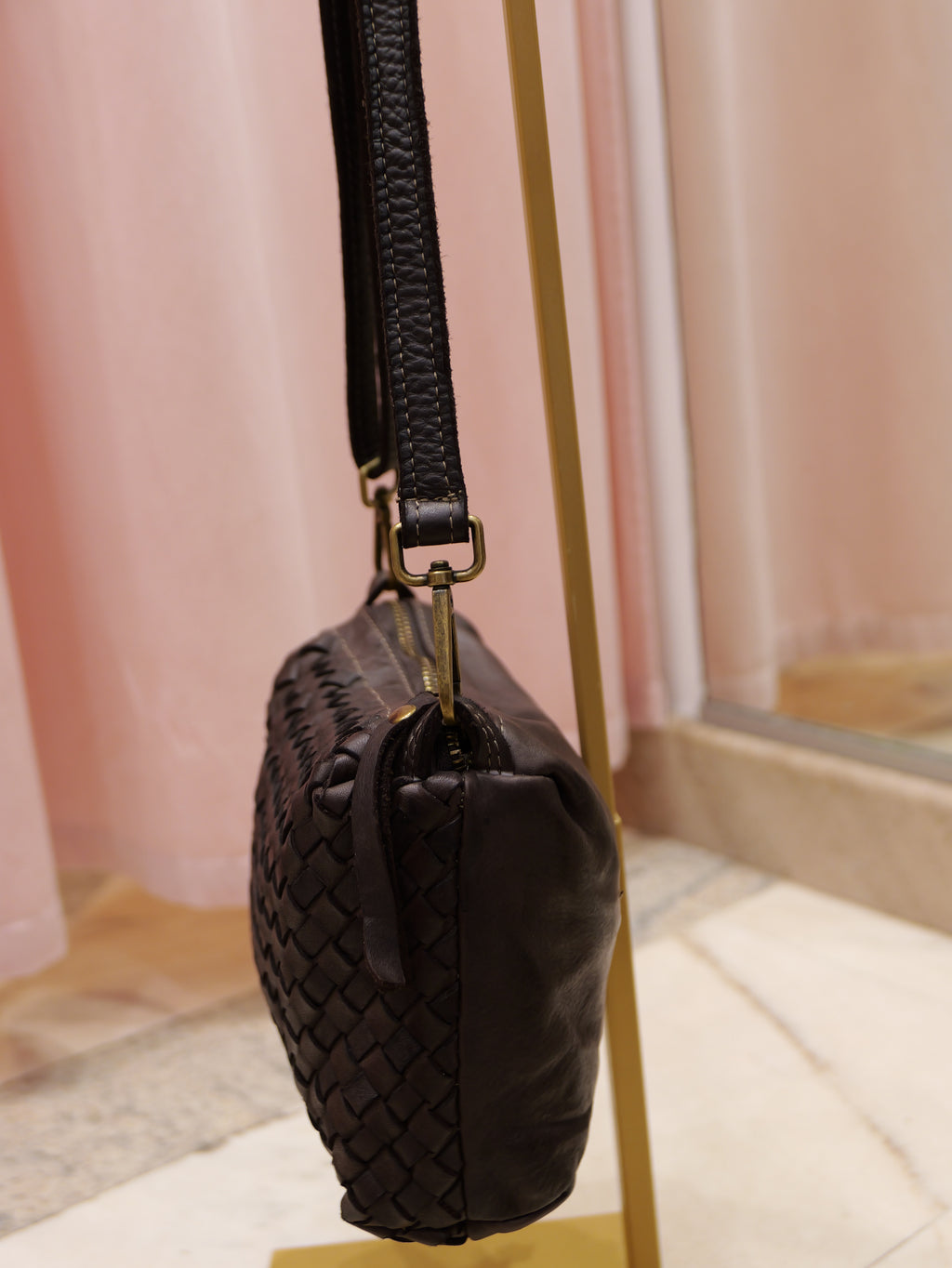 Vintage chocolate braided leather crossbody bag