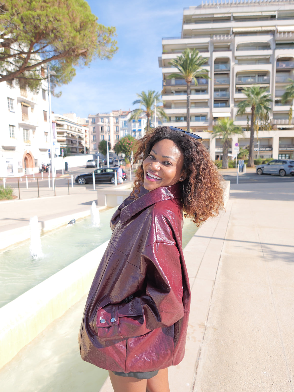 Burgundy patent-effect jacket
