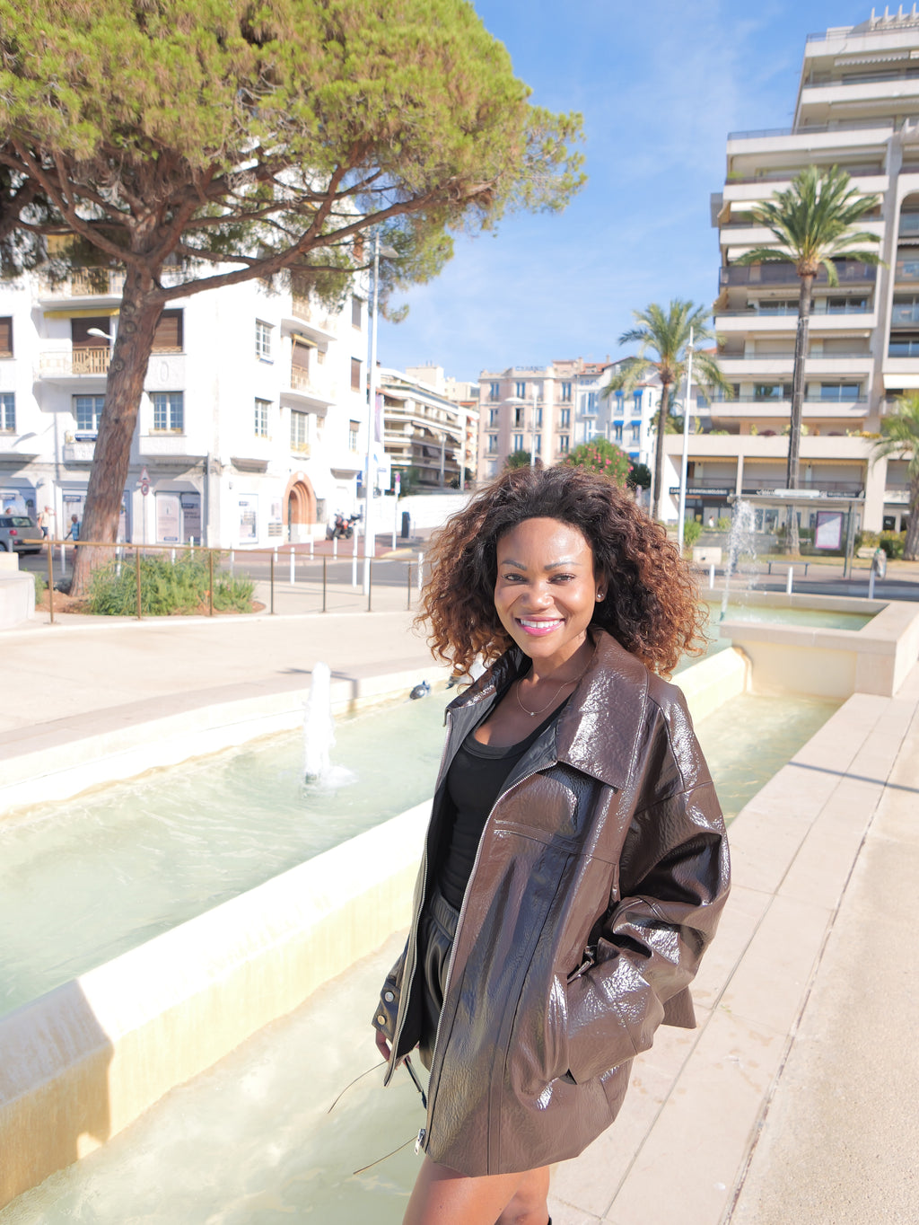 brown patent-effect jacket