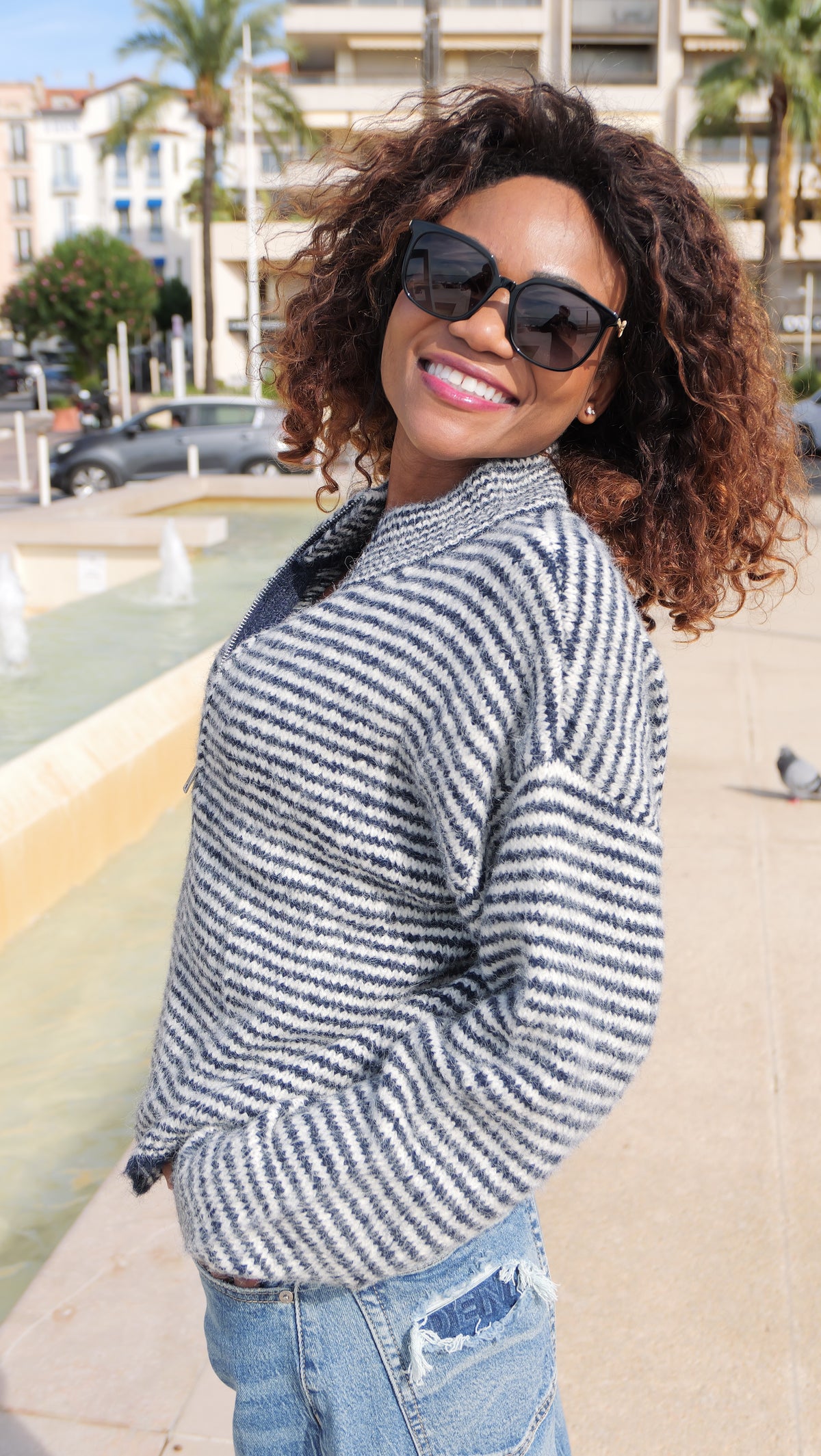 Gilet zippé BIANCA – Rayures écru bleu