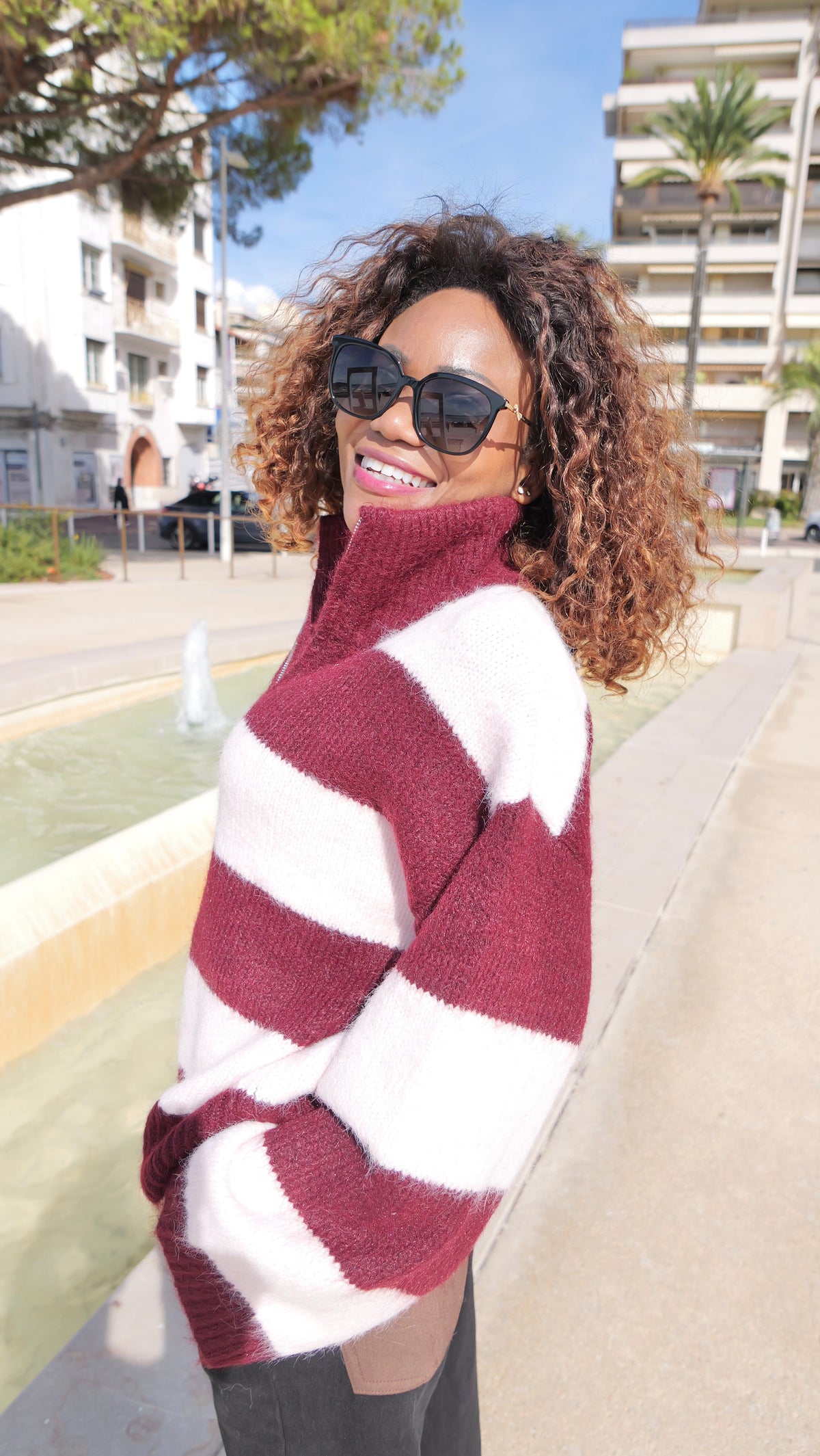 Valentina Zip-Up Cardigan – Bordeaux & Ecru 🤍