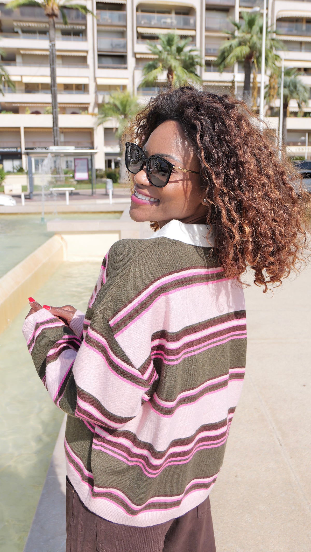Khaki & Pink Striped Polo Sweater – Casual Chic 💕